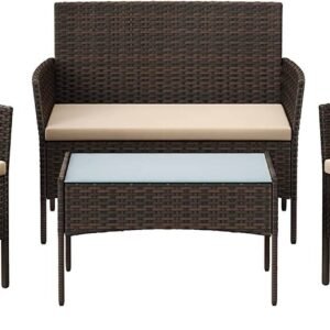 4 Piece Rattan Garden Furniture Set with Cushions Weather Resistant Wicker Chairs and Table Stylish Outdoor Patio Set for Garden Balcony Terrace Porch Backyard Lounge Relaxing Seating Set