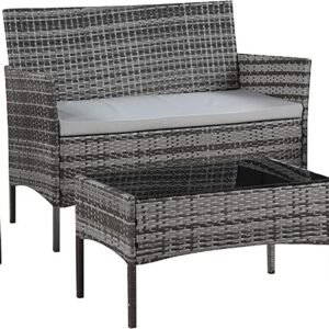 4 Piece Rattan Garden Furniture Set with Cushions Weather Resistant Wicker Chairs and Table Stylish Outdoor Patio Set for Garden Balcony Terrace Porch Backyard Lounge Relaxing Seating Set