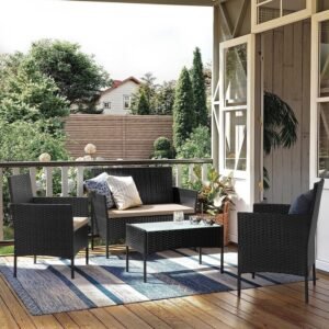 4 Piece Rattan Garden Furniture Set with Cushions Weather Resistant Wicker Chairs and Table Stylish Outdoor Patio Set for Garden Balcony Terrace Porch Backyard Lounge Relaxing Seating Set