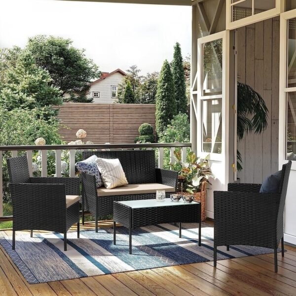 4 Piece Rattan Garden Furniture Set with Cushions Weather Resistant Wicker Chairs and Table Stylish Outdoor Patio Set for Garden Balcony Terrace Porch Backyard Lounge Relaxing Seating Set - Image 17