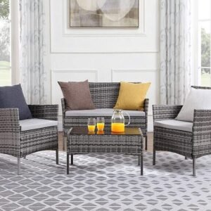 4 Piece Rattan Garden Furniture Set with Cushions Weather Resistant Wicker Chairs and Table Stylish Outdoor Patio Set for Garden Balcony Terrace Porch Backyard Lounge Relaxing Seating Set