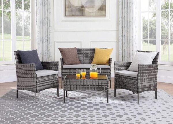 4 Piece Rattan Garden Furniture Set with Cushions Weather Resistant Wicker Chairs and Table Stylish Outdoor Patio Set for Garden Balcony Terrace Porch Backyard Lounge Relaxing Seating Set - Image 26