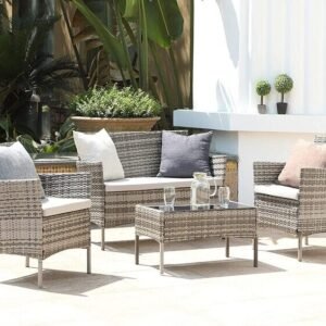 4 Piece Rattan Garden Furniture Set with Cushions Weather Resistant Wicker Chairs and Table Stylish Outdoor Patio Set for Garden Balcony Terrace Porch Backyard Lounge Relaxing Seating Set