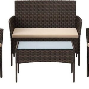 4 Piece Rattan Garden Furniture Set with Cushions Weather Resistant Wicker Chairs and Table Stylish Outdoor Patio Set for Garden Balcony Terrace Porch Backyard Lounge Relaxing Seating Set