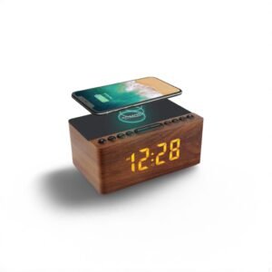 Wooden Bluetooth Speaker Radio Alarm Clock Digital, Wireless Charging Station for iPhone/Samsung, 0-100% Dimmable Display, USB Charging Port, Sleep Timer, Digital Wooden Clock for Bedroom
