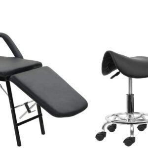 Portable Synthetic Leather Black Massage Bed With Salon Stool