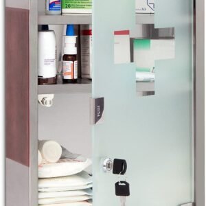 Steel Medicine Cabinet, Mirror Door, 2 Shelves, with Lock, Polished Surface, Stainless Glass, Silver