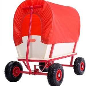 Handcart Wood 180 kg - 4 Profile Pneumatic Tyres Hand Trolley Transport Trolley All-Round Steel Tube Frame Red Garden Trolley