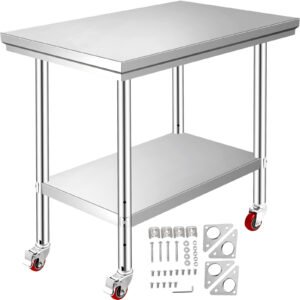 Stainless Steel Workbench 36"x24" - Versatile Prep Table for Catering with Casters for Easy Mobility - Ideal for Food Preparation and Commercial Use