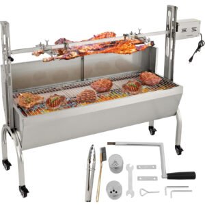 Stainless Steel Pig Lamb Spit Grill Roaster, with 40W Motor & Adjustable Height Lockable Casters & Baffle