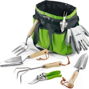 Stainless steel, seven-in-one garden tool set with wooden handles