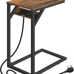 C-Shape Side Table, Sofa Table with Charging Station, Laptop Table for Sofa, 2 USB Ports 2 AC Outlets and triangular Storage Space.