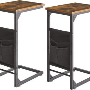 C Shape Table, Sofa Side Table Set of 2, Nightstand with Storage Shelf and Fabric Bag, Laptop Coffee Snack Table for Small Space, Living Room, Bedroom, Office,