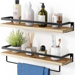 Set of 2 Floating Shelves, Rustic Wall Shelves with Length 42cm, Removable Towel Holder, Wall Mounted Shelves for Bathroom, Living Room, Bedroom, Kitchen