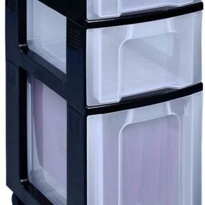 Storage Office Organization Drawer Tower Storage Tower Polypropylene 3 Drawers 7L 12L, 25L, W300xD420xH690mm, Black Clear